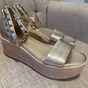 Marc Fisher Metallic Gold Espadrille Platform Sandals with Studded Ankle Strap